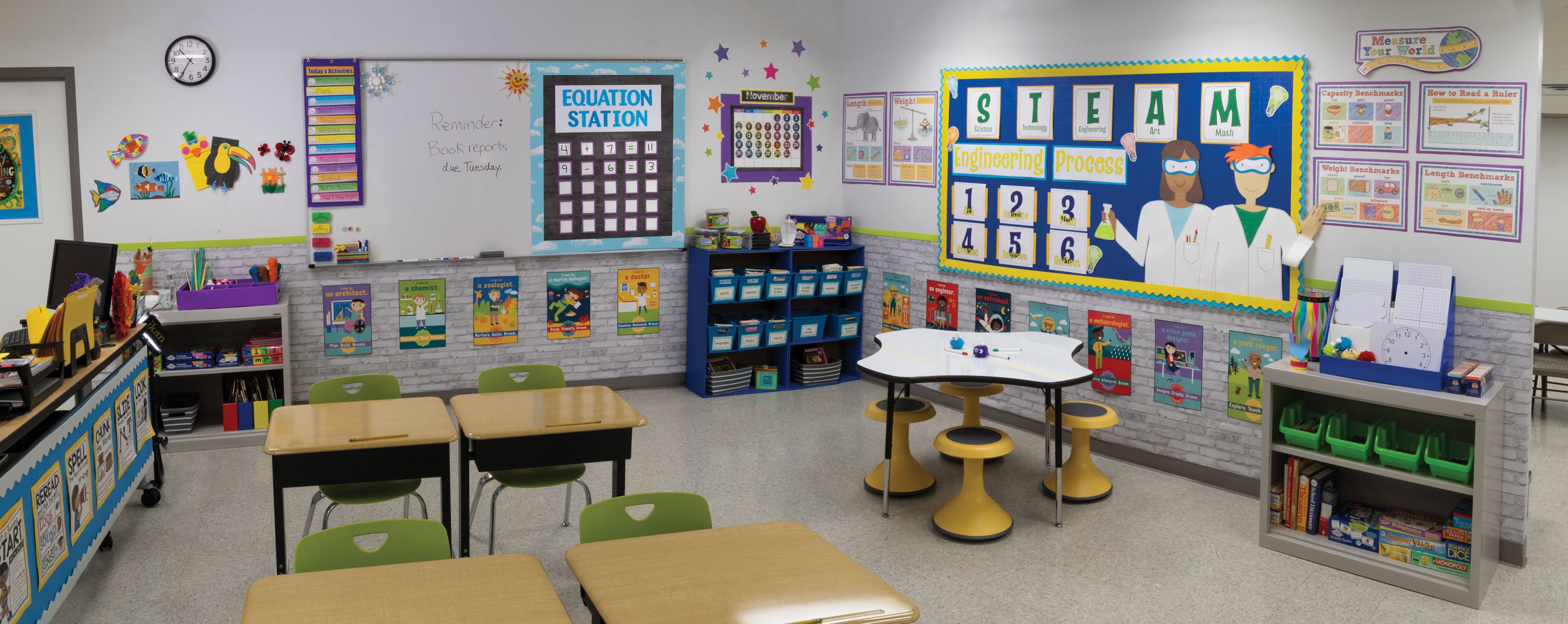 Classroom with multiple bulletin boards using Fadeless Bulletin Board paper.
