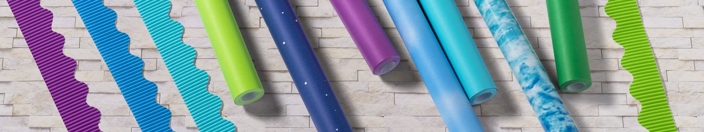 Variety of Fadeless Bulletin Board paper rolls and Bordette Bulletin Board borders