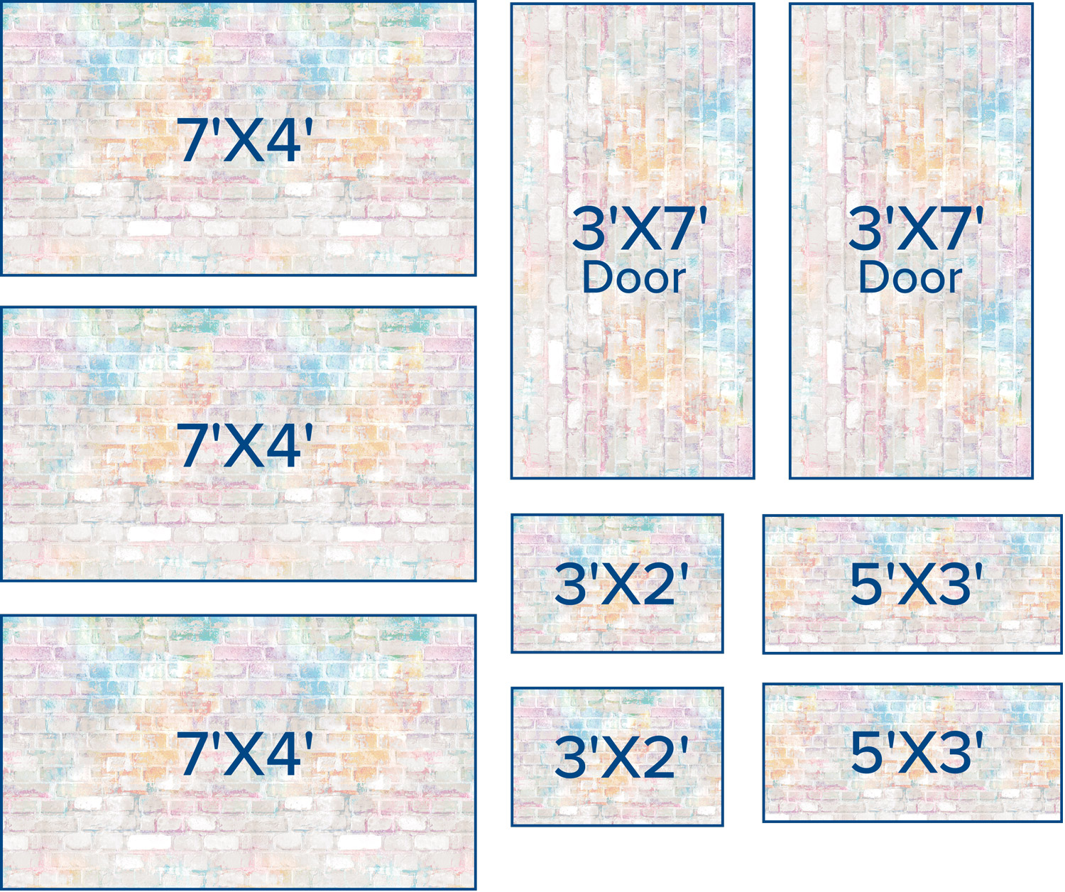 Colorful brick wall sizes and dimensions for design and decor projects.
