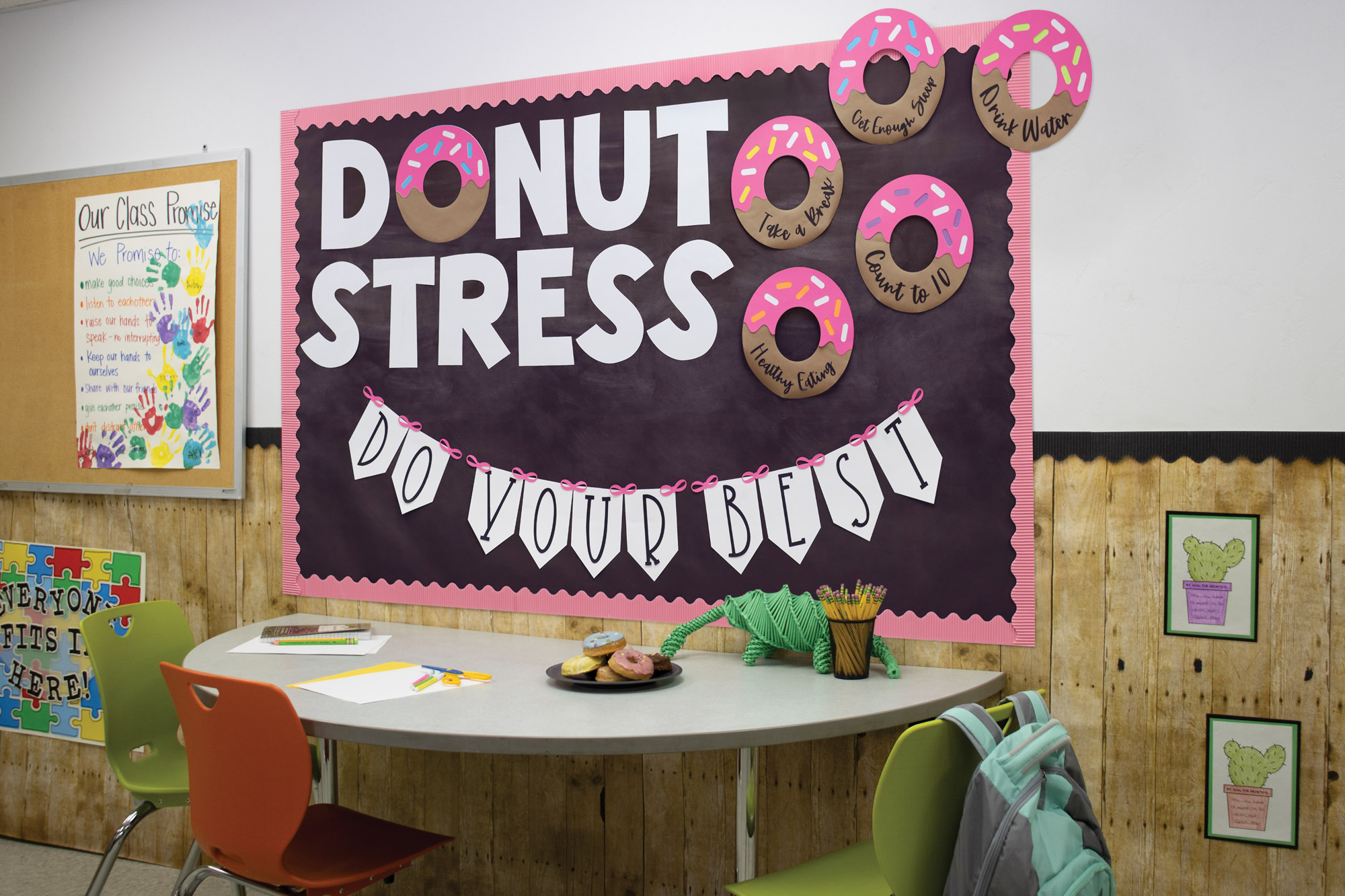 Classroom bulletin board installation example with Fadeless Paper