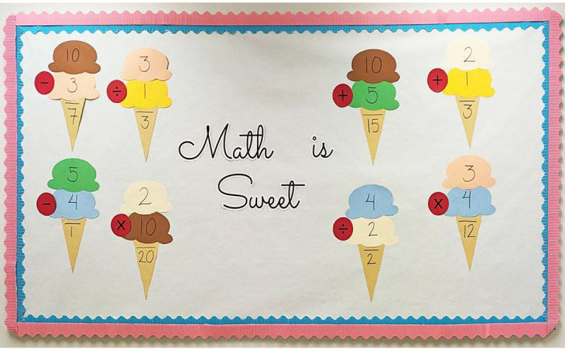 Paper ice cream cones on a bulletin board